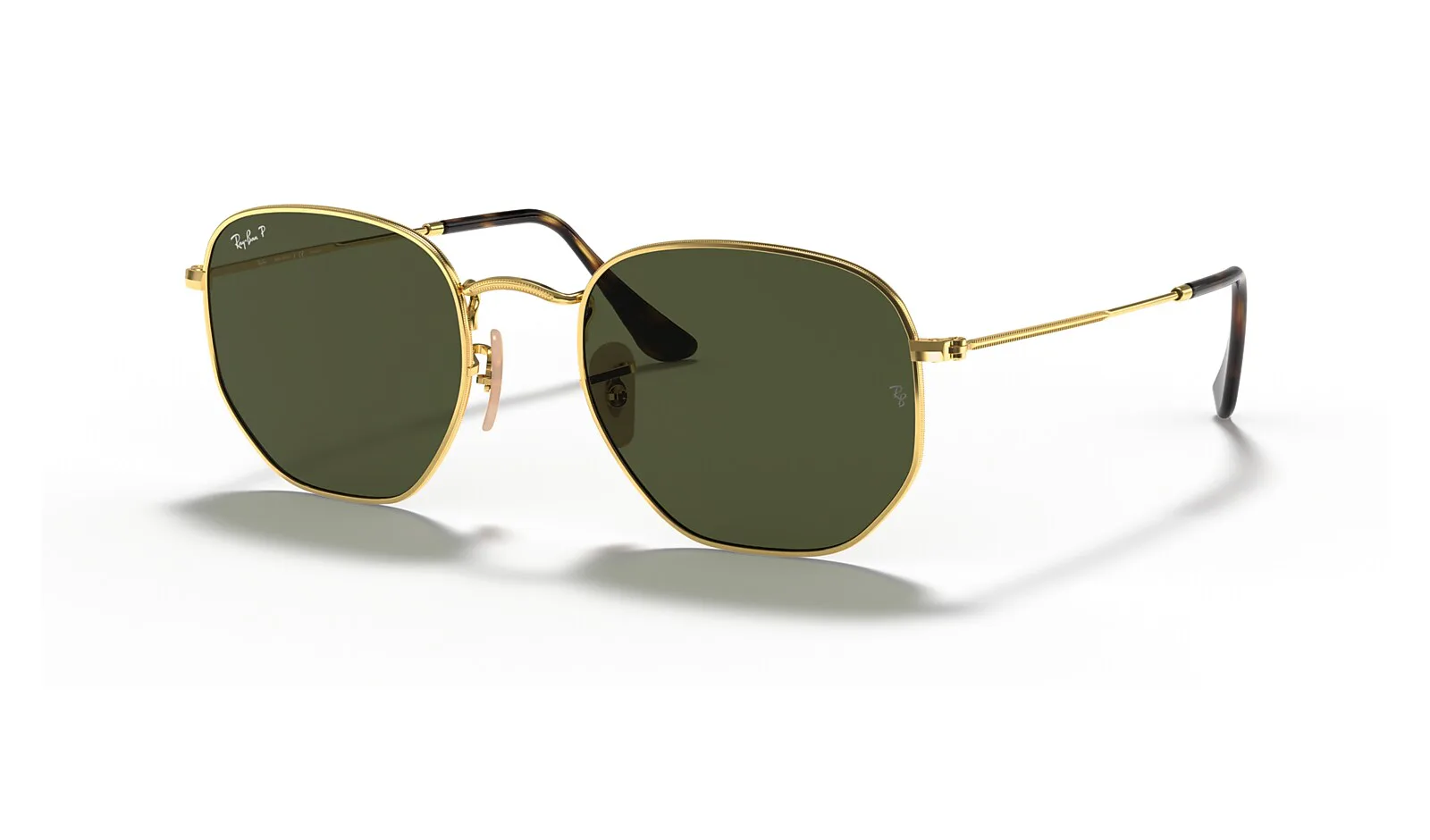 Ray-Ban Hexagonal RB3548 dorado con lente verde polarizado, vista de tres cuartos
